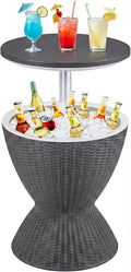 Outdoor Cooler Table, Multi-Functional Cooler Bar Table, Adjustable Height Ice Cooler Side Table W/Drain Plug, 8 Gallon Beer & Wine Cooler, Rattan Style Patio Furniture for Pool Parties