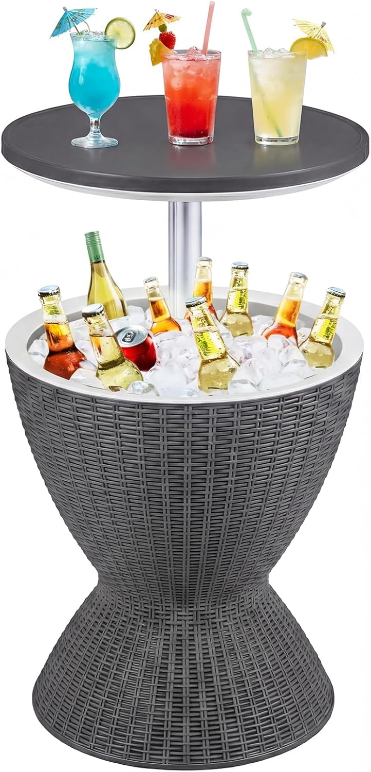 Outdoor Cooler Table, Multi-Functional Cooler Bar Table, Adjustable Height Ice Cooler Side Table W/Drain Plug, 8 Gallon Beer & Wine Cooler, Rattan Style Patio Furniture for Pool Parties
