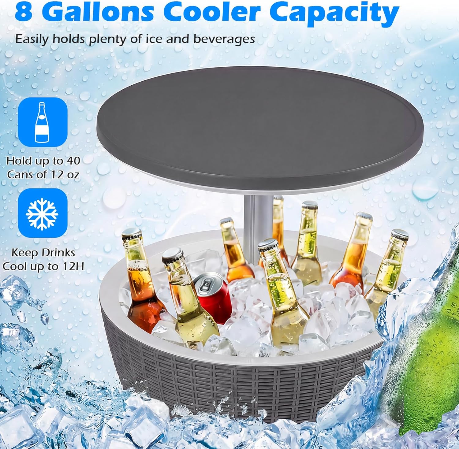 Outdoor Cooler Table, Multi-Functional Cooler Bar Table, Adjustable Height Ice Cooler Side Table W/Drain Plug, 8 Gallon Beer & Wine Cooler, Rattan Style Patio Furniture for Pool Parties
