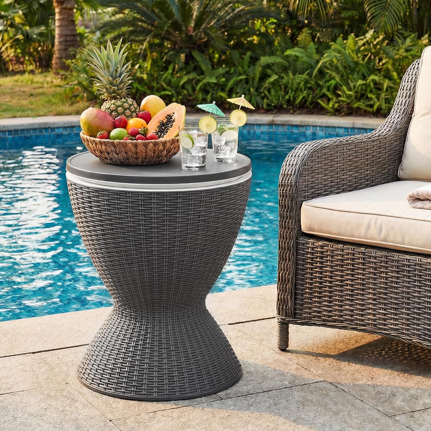 Outdoor Cooler Table, Multi-Functional Cooler Bar Table, Adjustable Height Ice Cooler Side Table W/Drain Plug, 8 Gallon Beer & Wine Cooler, Rattan Style Patio Furniture for Pool Parties