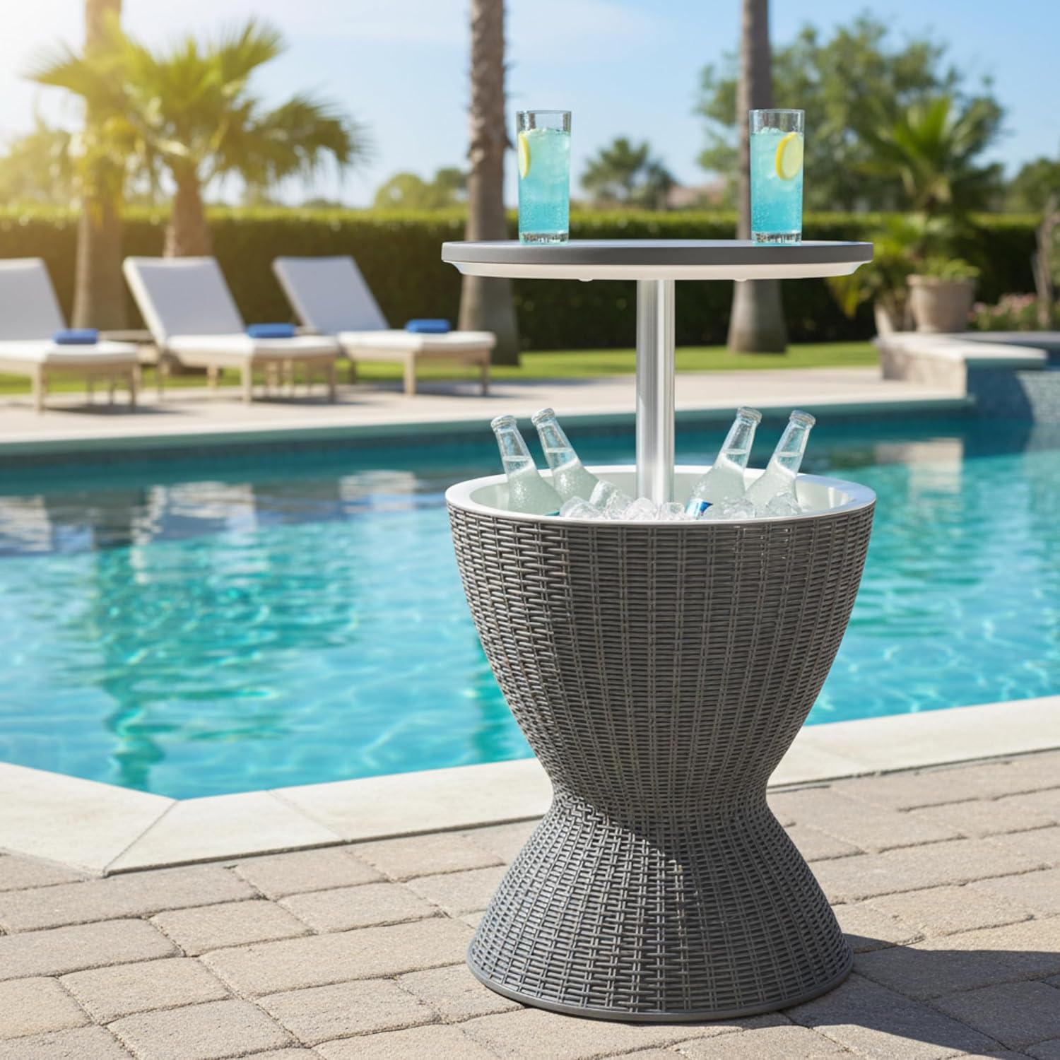 Outdoor Cooler Table, Multi-Functional Cooler Bar Table, Adjustable Height Ice Cooler Side Table W/Drain Plug, 8 Gallon Beer & Wine Cooler, Rattan Style Patio Furniture for Pool Parties