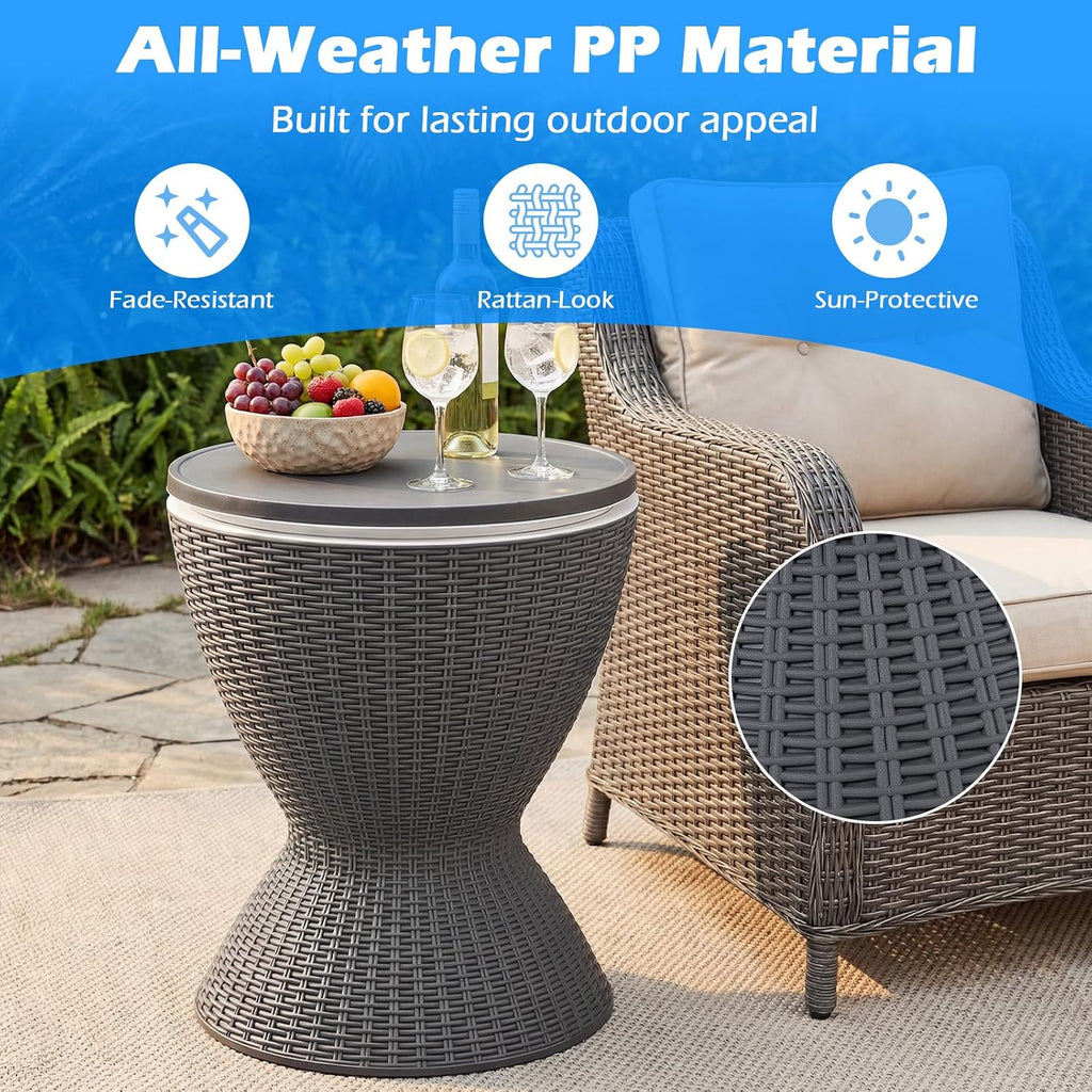 Outdoor Cooler Table, Multi-Functional Cooler Bar Table, Adjustable Height Ice Cooler Side Table W/Drain Plug, 8 Gallon Beer & Wine Cooler, Rattan Style Patio Furniture for Pool Parties