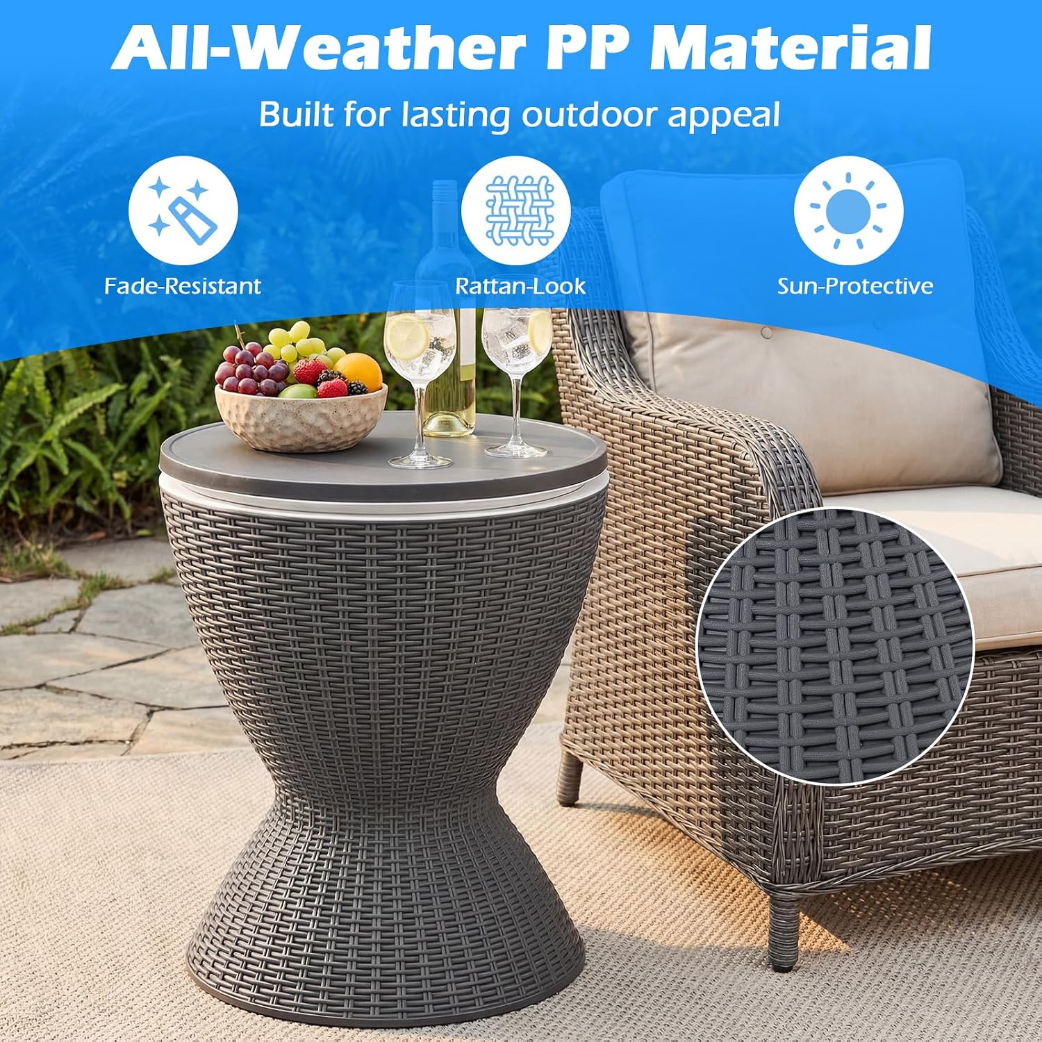 Outdoor Cooler Table, Multi-Functional Cooler Bar Table, Adjustable Height Ice Cooler Side Table W/Drain Plug, 8 Gallon Beer & Wine Cooler, Rattan Style Patio Furniture for Pool Parties