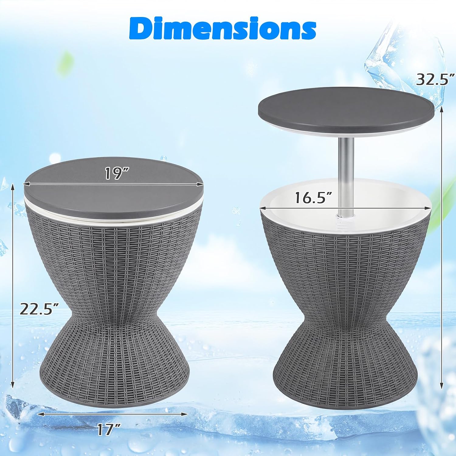 Outdoor Cooler Table, Multi-Functional Cooler Bar Table, Adjustable Height Ice Cooler Side Table W/Drain Plug, 8 Gallon Beer & Wine Cooler, Rattan Style Patio Furniture for Pool Parties