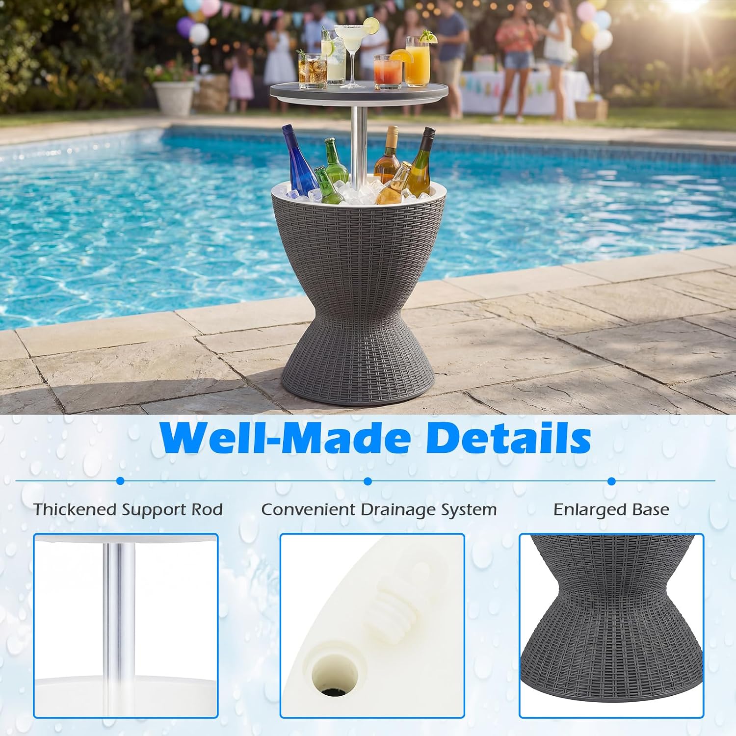 Outdoor Cooler Table, Multi-Functional Cooler Bar Table, Adjustable Height Ice Cooler Side Table W/Drain Plug, 8 Gallon Beer & Wine Cooler, Rattan Style Patio Furniture for Pool Parties