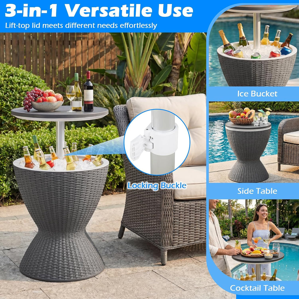 Outdoor Cooler Table, Multi-Functional Cooler Bar Table, Adjustable Height Ice Cooler Side Table W/Drain Plug, 8 Gallon Beer & Wine Cooler, Rattan Style Patio Furniture for Pool Parties