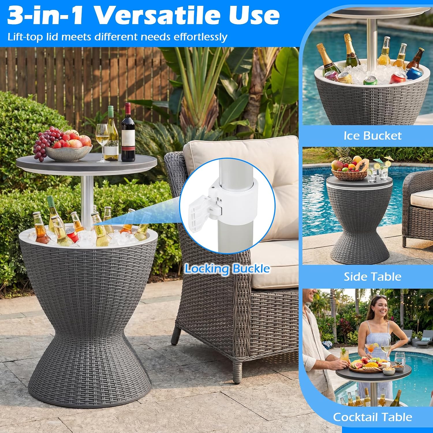 Outdoor Cooler Table, Multi-Functional Cooler Bar Table, Adjustable Height Ice Cooler Side Table W/Drain Plug, 8 Gallon Beer & Wine Cooler, Rattan Style Patio Furniture for Pool Parties